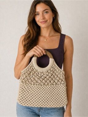 Boho Macrame Woven Handbag Wood Handle Cream Crochet Tote